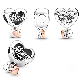 Striebro 925 Srdce a nápis Ďakujem, mamička, korálik na náramku rodina