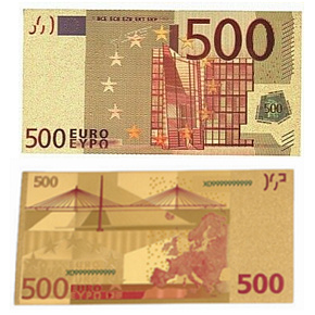 Zlatá plastová bankovka Talisman 500 EUR