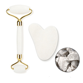 Quartz Gua Sha 5 x 8 cm + masážny valček 14 x 5,5 cm redukuje vrásky, opuchy, zlepšuje elasticitu pokožky, sada bez obalu