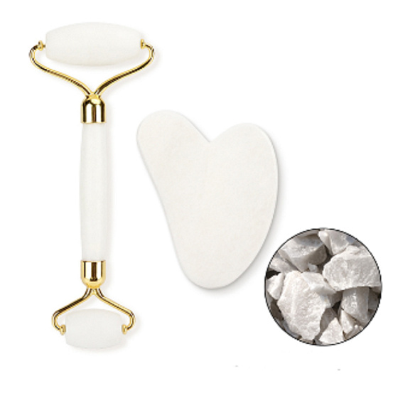 Quartz Gua Sha 5 x 8 cm + masážny valček 14 x 5,5 cm redukuje vrásky, opuchy, zlepšuje elasticitu pokožky, sada bez obalu