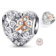Prívesok zo striebra 925 Milovaný štvorlístok pre šťastie, korálkové srdce na náramku z lásky