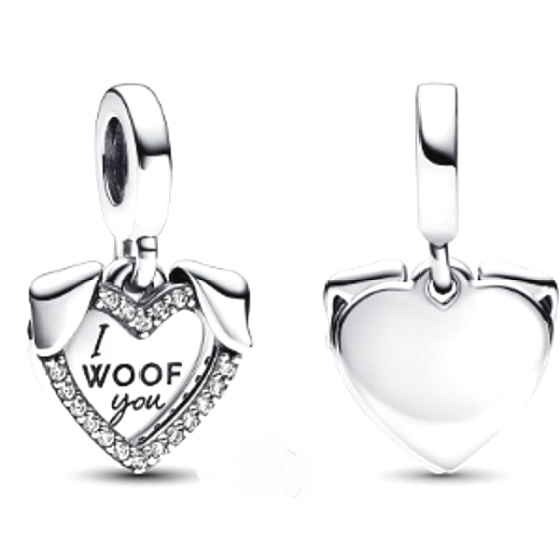 Strieborný prívesok 925 Srdce psíka I Woof You 2v1, prívesok na náramku domáce zvieratko