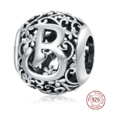 Striebro 925 Magické písmeno abecedy B s kvetmi, korálik na náramok Striebro 925 Magické písmeno abecedy B s kvetmi, korálik na náramok