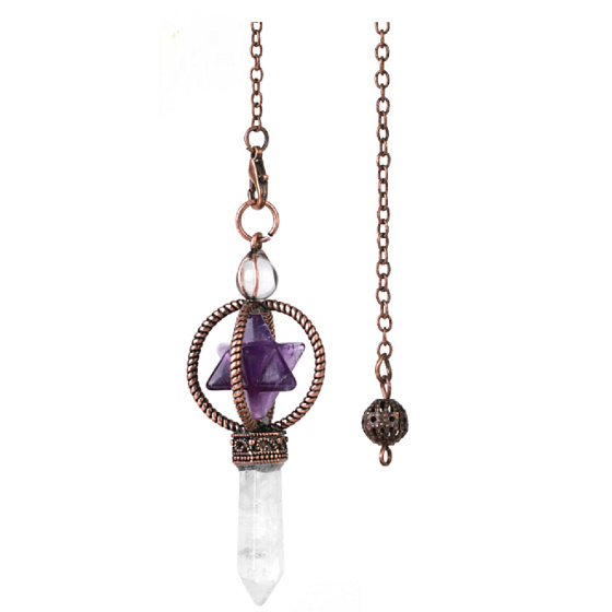 Ametystové kyvadlo Merkaba + číry kremeň + bronz, prívesok z prírodného kameňa 7,7 cm, retiazka cca 26,5 cm