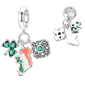 Charm Sterlingové stříbro 925 Irsko – Den svatého Patrika, houpající se mapa, trojlístek a keltský uzel, 3v1 přívěsek na náramek cestování