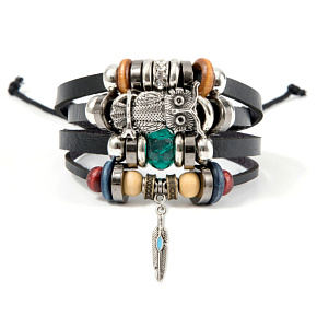 Kožený viacvrstvový náramok, symbol sovy + pierka, nastaviteľná veľkosť Kožený viacvrstvový náramok, symbol sovy + pierka, nastaviteľná veľkosť