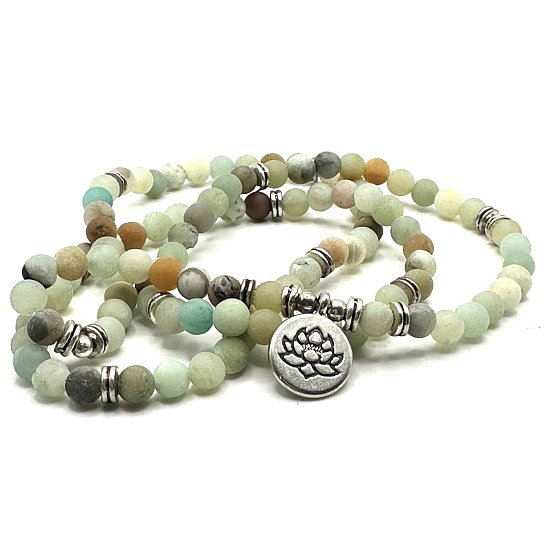 108 Mala amazonit + lotosový náhrdelník meditačné šperky, prírodný kameň, guľôčka 6 mm