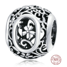 Striebro 925 Magické písmeno abecedy O s kvetmi, korálik na náramok