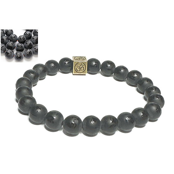 Achát čierny matný s kráľovskou mantrou Ohm náramok elastický prírodný kameň, guľôčka 8 mm / 16-17 cm, dodáva odvahu a silu