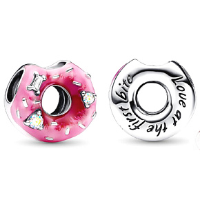 Prívesok Striebro 925 Doughnut charm - donut s kubickým zirkónom a smaltom, korálik na náramok, jedlo a pitie