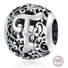 Striebro 925 Magic abeceda písmeno T s kvetmi, korálik na náramok