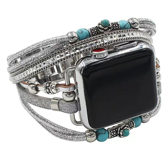 Ručne vyrobený remienok pre Apple Watch strieborný + korálky, veľkosť 38/40/41 mm