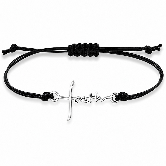 Faith – Víra | Nastavitelný černý šňůrkový náramek | Nápis s křížem | Symbol víry a naděje