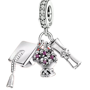 Striebro 925 Graduation - Absolventská čiapka, diplom, kvety, prívesok 3v1 Graduate na náramku