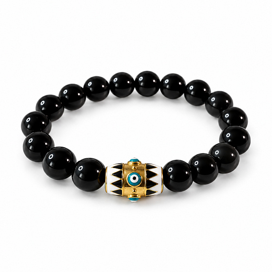 Obsidián + Modré oko náramok elastický prírodný kameň, guľôčka 10 mm / 16 - 17 cm, kameň záchrany