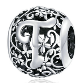 Striebro 925 Magic abeceda písmeno T s kvetmi, korálik na náramok