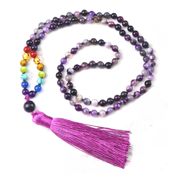 108 Mala 7 čakier Agát fialový náhrdelník, meditačné šperky, prírodný kameň viazaný, elastický, korálik 6 mm