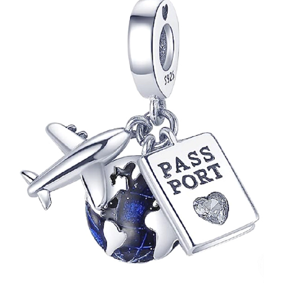 Charm Okolo sveta, glóbus, pas, lietadlo, cestovný náramok 3v1