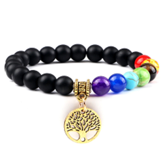 Čakrový náramok elastický Strom života + Onyx, prírodný kameň, guľôčka 8 mm / 16-17 cm, kameň životnej sily