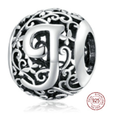 Striebro 925 Magické písmeno abecedy J s kvetmi, korálik na náramok