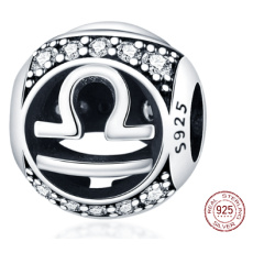 Váhy, znamenie zverokruhu, striebro + zirkón prívesok na náramok, gulička 9 mm 1 kus