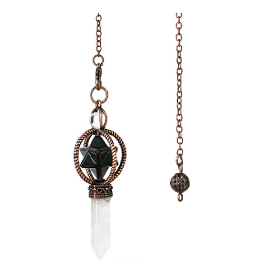 Onyx Merkaba kyvadlo + číry kremeň + bronz, prívesok z prírodného kameňa 7,7 cm, retiazka cca 26,5 cm