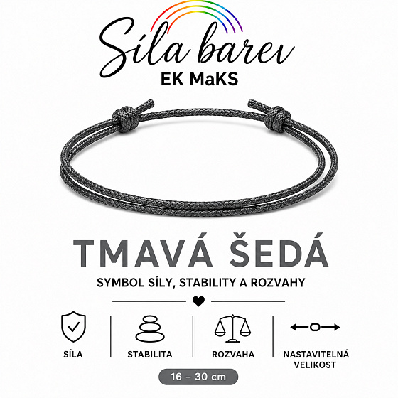 Sila farieb Šnúrkový náramok – Tmavosivá | Symbol sily, stability a rozvahy | nastaviteľný 16 - 30 cm