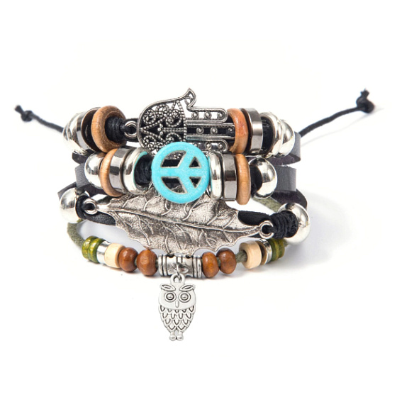 Kožený viacvrstvový náramok, hippie symbol + sova + fatimská ruka, nastaviteľná veľkosť