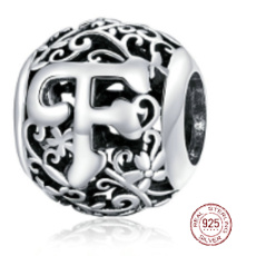 Striebro 925 Magické písmeno abecedy F s kvetmi, korálik na náramok