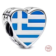 Charm Sterlingové stříbro 925 Řecko – srdce s vlajkou, korálek na náramek cestování
