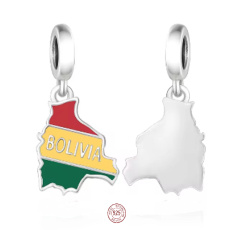Charm Sterlingové stříbro 925 Bolívie vlajka - houpající se mapa, přívěsek na náramek cestování Charm Sterlingové stříbro 925 Bolívie vlajka - houpající se mapa, přívěsek na náramek cestování