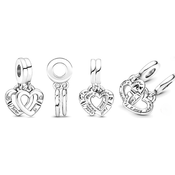 Charm Striebro 925 Spojené sesterské srdcia, 2v1 rozdeliteľný prívesok na náramok rodina