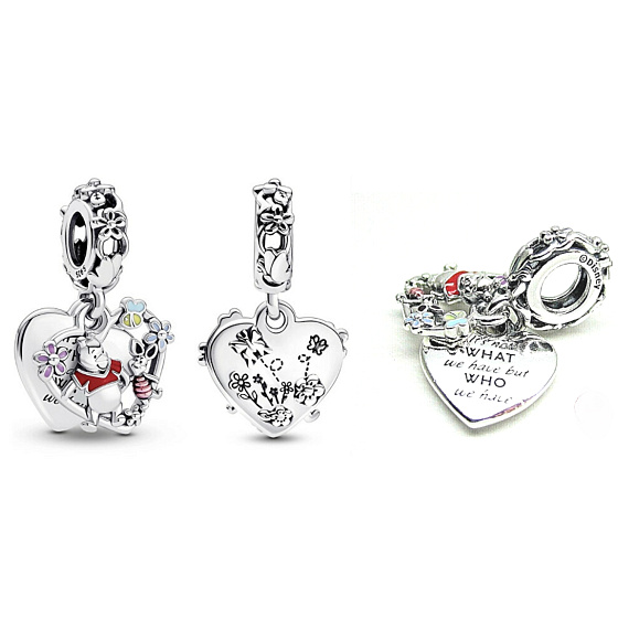 Charm Disney Medvedík Pú a Prasiatko - Nie je dôležité, čo máme, ale koho máme, prívesok srdiečka 2v1 na náramok