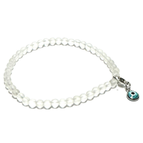 Krištáľový matný + Modré oko odnímateľný prívesok, náramok elastický prírodný kameň, guľa 4 mm / 16 - 17 cm, kamenné kamene