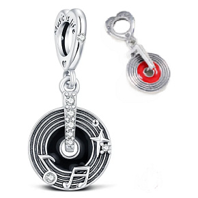 Charm Sterlingové stříbro 925 Gramofonová deska – Music is Life, přívěsek na náramek hudba