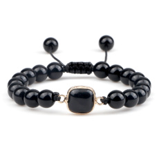 Obsidián + geometrický prívesok, ručne pletený, nastaviteľná veľkosť, 8 mm guľôčka, záchranný kameň