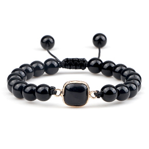 Obsidián + geometrický prívesok, ručne pletený, nastaviteľná veľkosť, 8 mm guľôčka, záchranný kameň