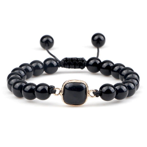Obsidián + geometrický prívesok, ručne pletený, nastaviteľná veľkosť, 8 mm guľôčka, záchranný kameň