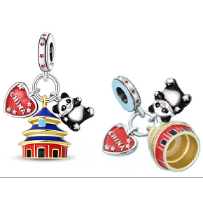Charm Sterlingové stříbro 925 Čína – chrám Nebes, panda a harmonie světa, 3v1 přívěsek na náramek cestování