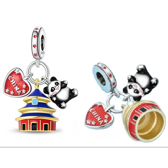 Charm Sterlingové stříbro 925 Čína – chrám Nebes, panda a harmonie světa, 3v1 přívěsek na náramek cestování