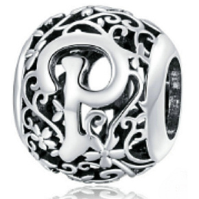 Striebro 925 Magické písmeno abecedy P s kvetmi, korálik na náramok
