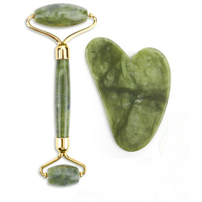 Jade Gua Sha 5 x 8 cm + masážny valček 14 x 5,5 cm redukuje vrásky, opuchy, zlepšuje elasticitu pokožky, sada bez obalu