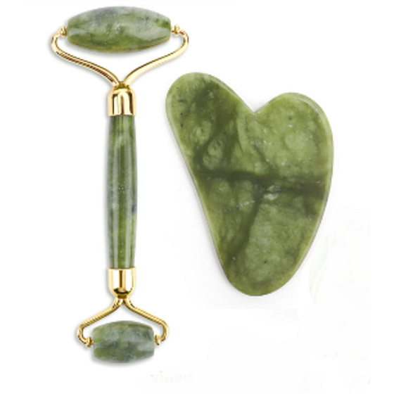 Jade Gua Sha 5 x 8 cm + masážny valček 14 x 5,5 cm redukuje vrásky, opuchy, zlepšuje elasticitu pokožky, sada bez obalu