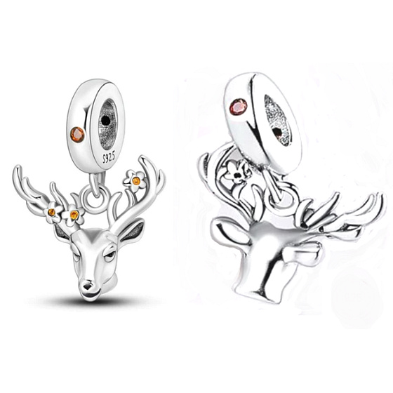 Prívesok na náramok zo striebra 925 Jelen s kvetmi, zvierací prívesok