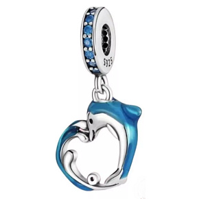 Charm Striebro 925 Delfín na vlne v tvare srdca, prívesok na náramok more