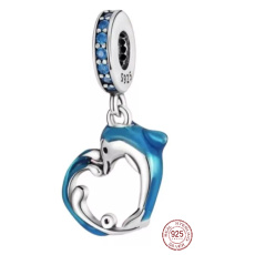 Charm Striebro 925 Delfín na vlne v tvare srdca, prívesok na náramok more