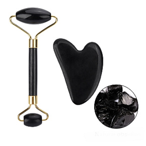 Obsidiánová Gua Sha 5 x 8 cm + masážny valček 14 x 5,5 cm redukuje vrásky, opuchy, zlepšuje elasticitu pokožky, sada bez obalu