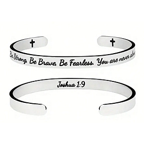 Nerezová oceľ náramok strieborný s gravírovaním Buď silný, buď statočný..., otvorená manžeta, 6 mm Nerezová oceľ náramok strieborný s gravírovaním Buď silný, buď statočný..., otvorená manžeta, 6 mm