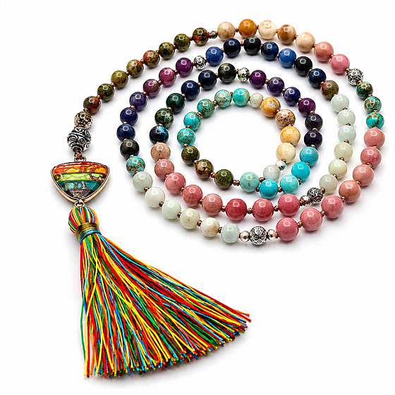 108 Mala 7 čakrový náhrdelník, meditačný šperk, prírodný kameň, elastický, strapec 8 cm, korálky 6+8 mm