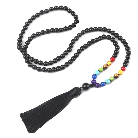 108 Mala 7 čakra náhrdelník Onyx mat meditačné šperky, prírodný kameň, viazaný strapec, korálik 6 mm